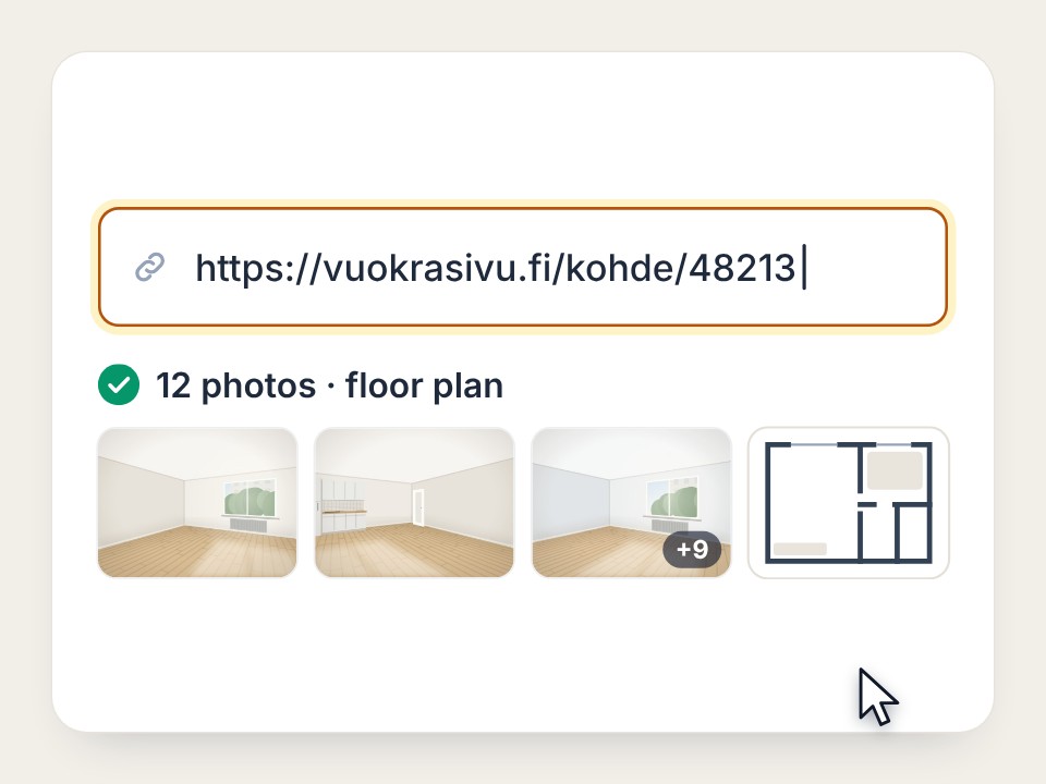 A listing link pasted: the photos and the floor plan fetched automatically