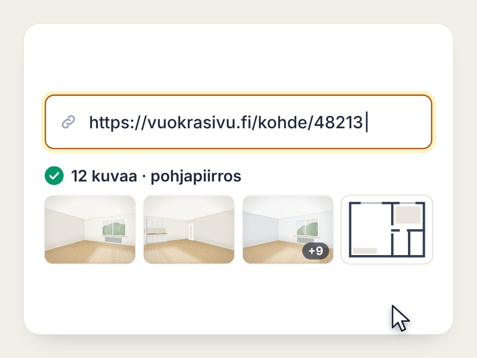 Ilmoituksen linkki liitettynä: kuvat ja pohjapiirros haettu automaattisesti