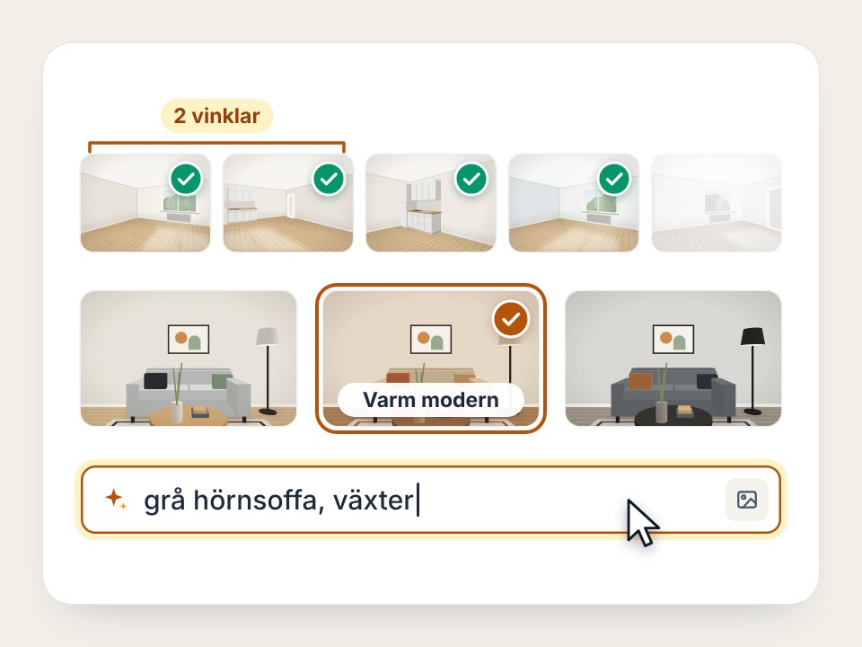 Val av bilder: två vinklar av ett öppet vardagsrum och bilder av de andra rummen valda, under dem stilalternativen