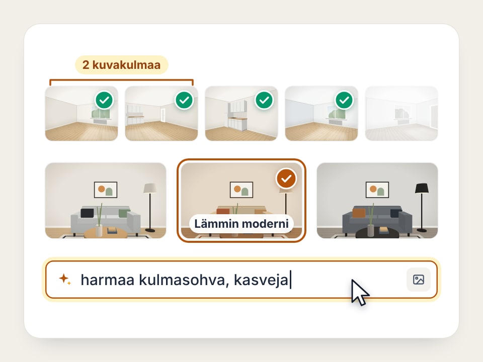 Kuvien valinta: avoimesta olohuoneesta kaksi kuvakulmaa ja muiden huoneiden kuvat valittuina, alla tyylivaihtoehdot