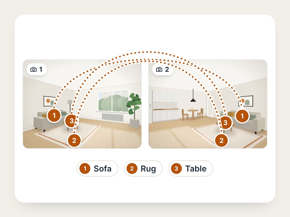 Two photos of the same living room with the sofa, rug and table in the same places